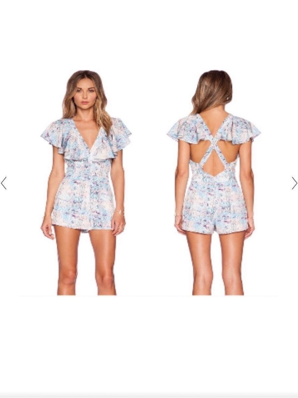 Lovers + Friends Blue and White Printed Flutter-Sleeve Romper